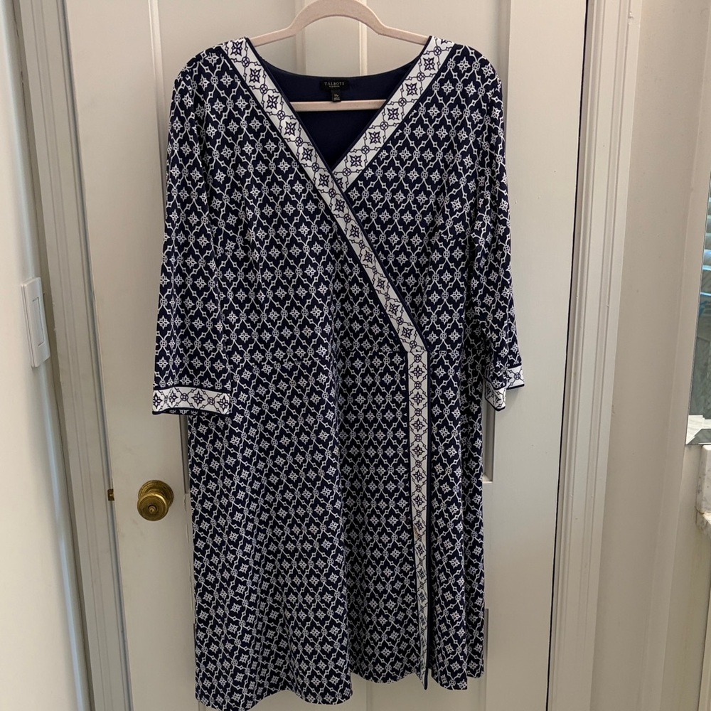 Talbots Plus Petite Navy and White Patterned Faux Wrap Dress